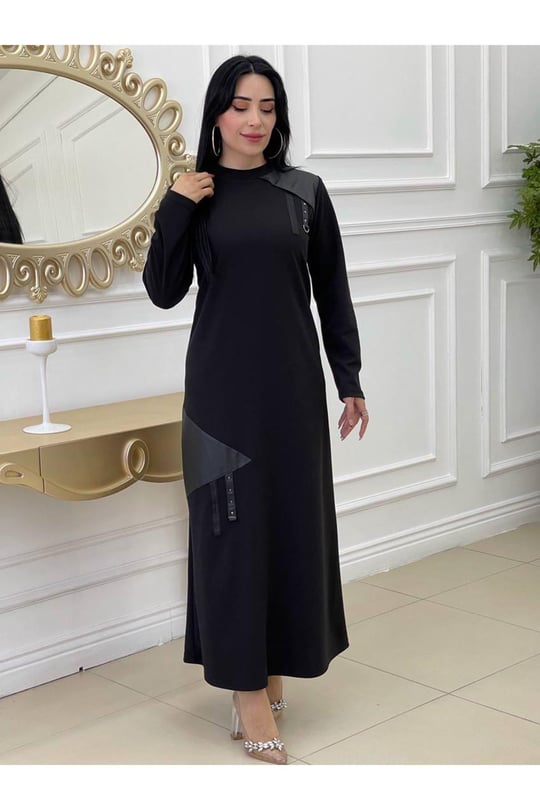Deri Detay Elbise 678-Siyah