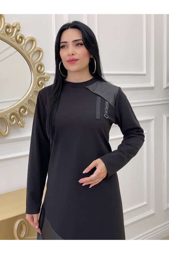 Deri Detay Elbise 678-Siyah