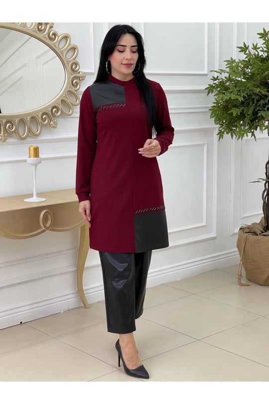 Deri Detay Tunik 688-Bordo