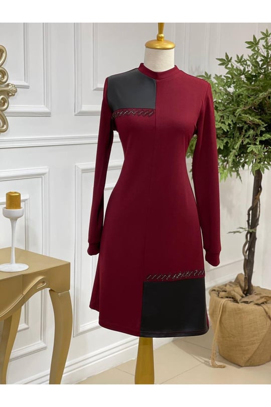 Deri Detay Tunik 688-Bordo
