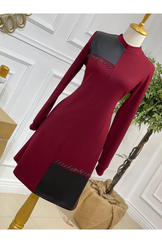 Deri Detay Tunik 688-Bordo