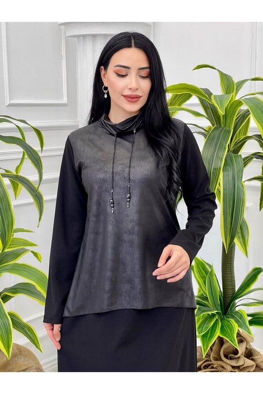 Deri Detaylı Elbise 839-Siyah
