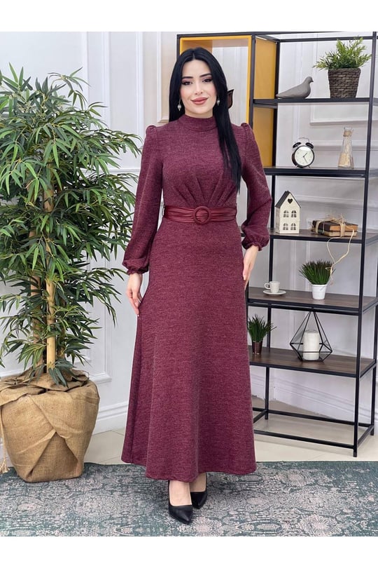 Deri Kemer Örme Elbise 3151-Bordo