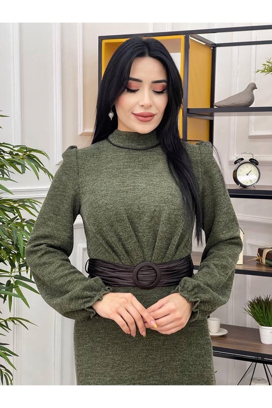 Deri Kemer Örme Elbise 3151-Haki