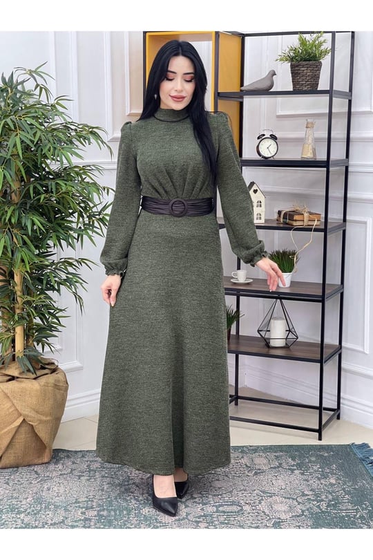 Deri Kemer Örme Elbise 3151-Haki