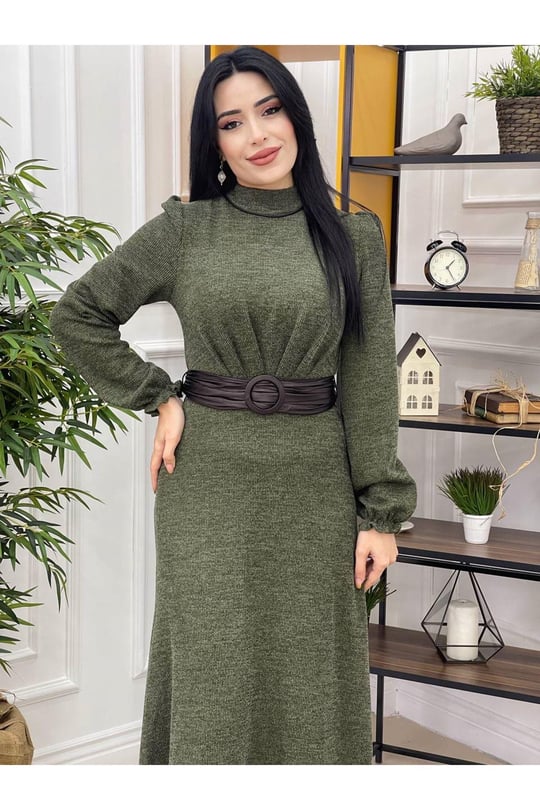 Deri Kemer Örme Elbise 3151-Haki