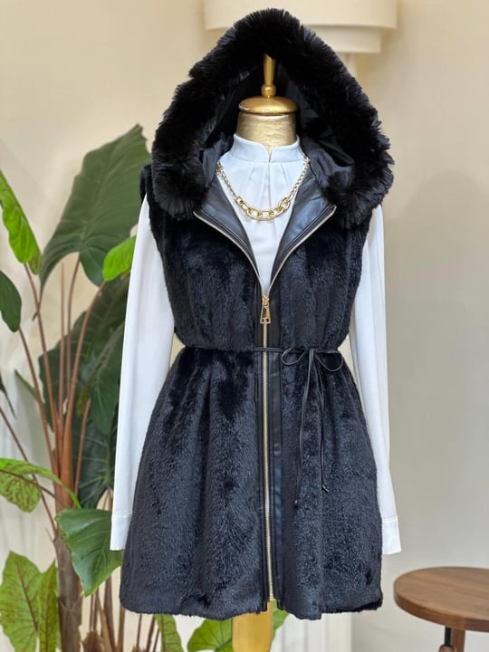 Deri Şerit Kapişonlu Angora Yelek 9029 T-25 Siyah