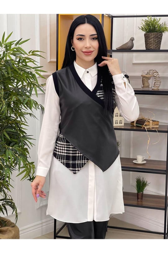Deri Süveter 2 li Takım 22554-Beyaz