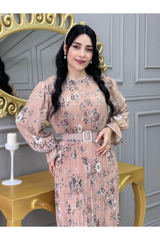 Desenli Bürümçük Elbise 3342-Bej