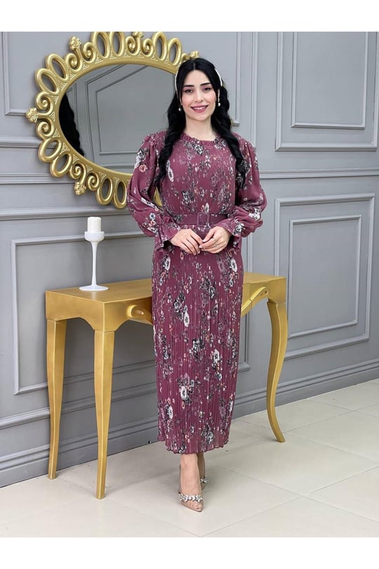 Desenli Bürümçük Elbise 3342-Rose