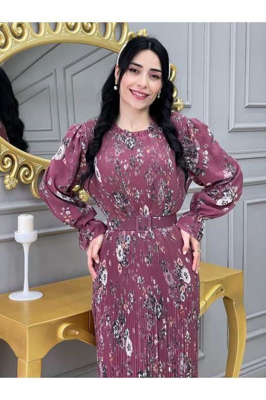 Desenli Bürümçük Elbise 3342-Rose