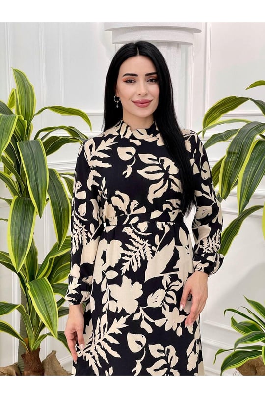 Desenli Elbise 180-Bej