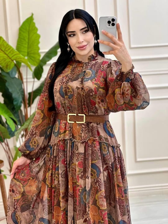 Desenli Kemerli Elbise 9645 e025 Taba