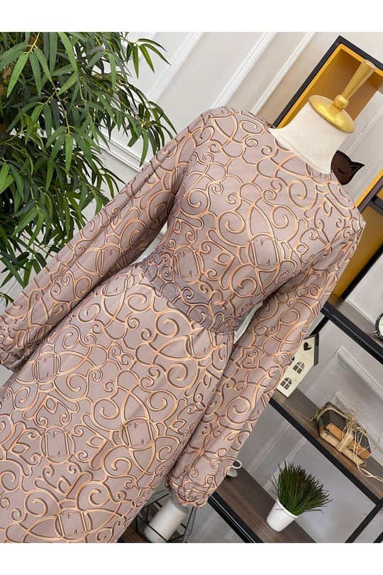 Desenli Şifon Elbise 3074-Vizon
