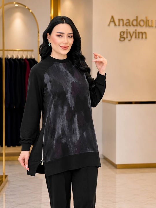 Dijital Baskı Fermuarlı Spor Takım 230 T-26 Siyah