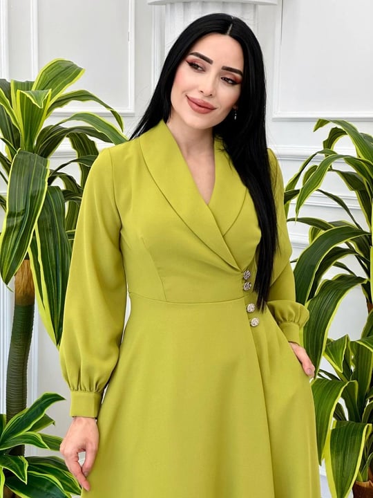 Dört Düğme Ceket Yaka Elbise 12509 t-24 Yağ Yeşili