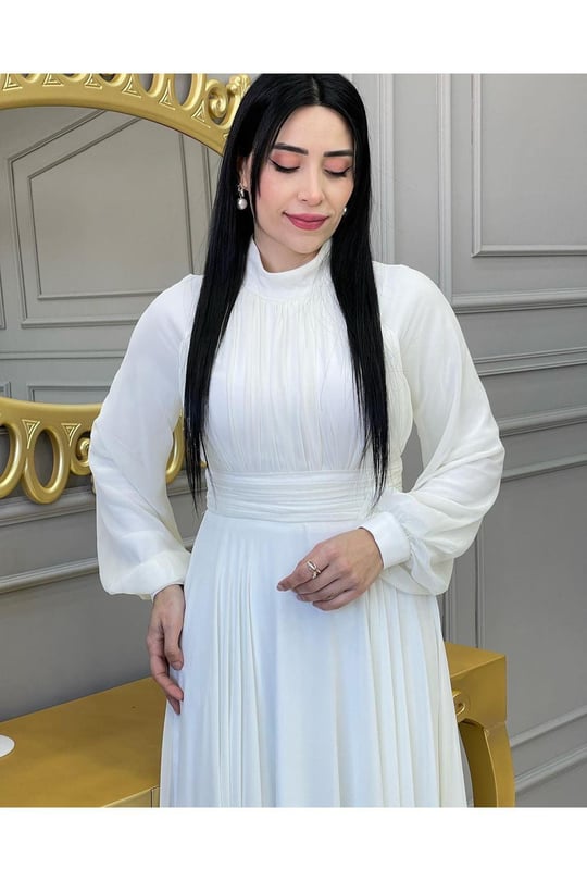 Drape Balon Kol Elbise 12240-Beyaz