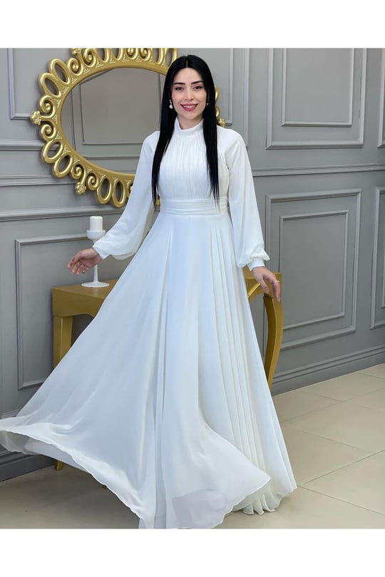 Drape Balon Kol Elbise 12240-Beyaz