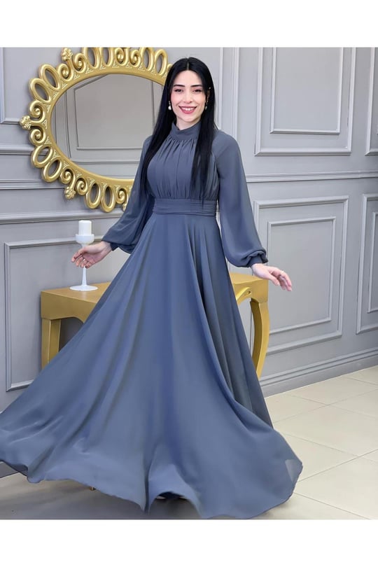 Drape Balon Kol Elbise 12240-Gri