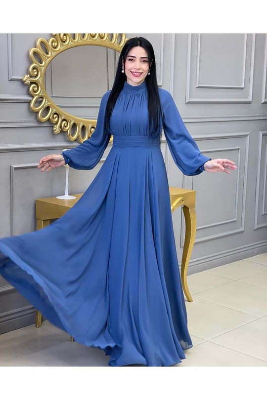 Drape Balon Kol Elbise 12240-İndigo Mavi