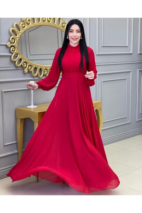 Drape Balon Kol Elbise 12240-Kırmızı