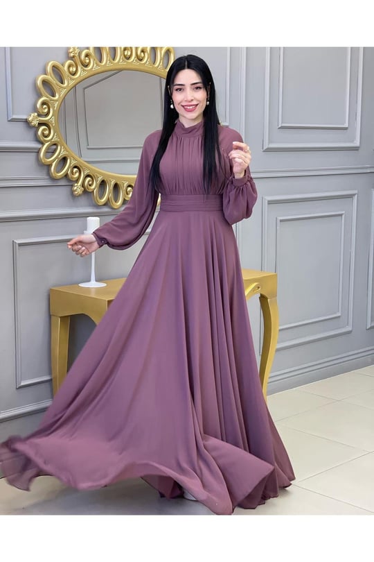 Drape Balon Kol Elbise 12240-Rose