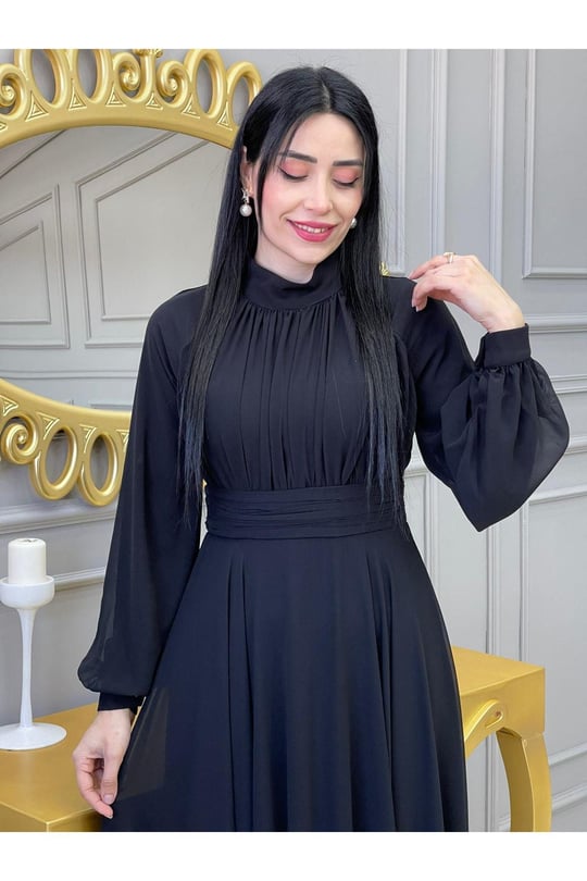 Drape Balon Kol Elbise 12240-Siyah