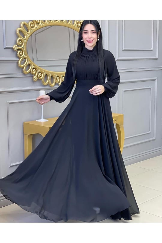 Drape Balon Kol Elbise 12240-Siyah