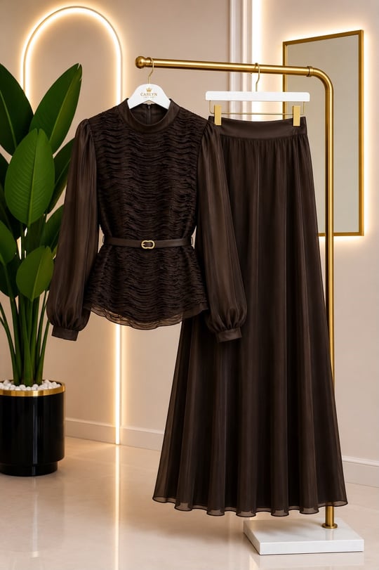Drape Detay JanJan Etekli Takım 7041 T-26 Kahverengi