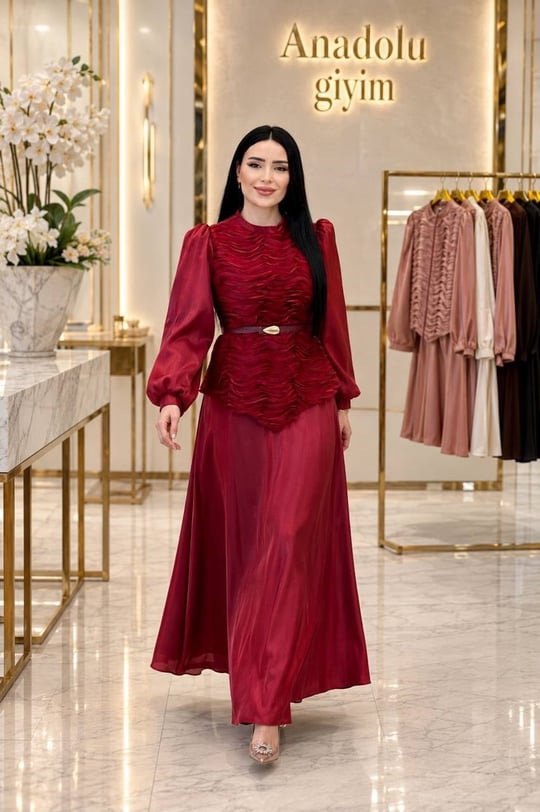 Drape Detay JanJan Etekli Takım 7041 T-26 Bordo