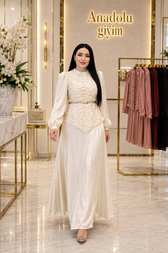 Drape Detay JanJan Etekli Takım 7041 T-26 Ekru