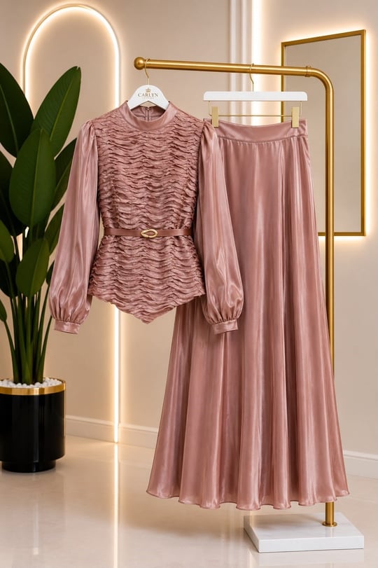 Drape Detay JanJan Etekli Takım 7041 T-26 Soğan Kabuğu
