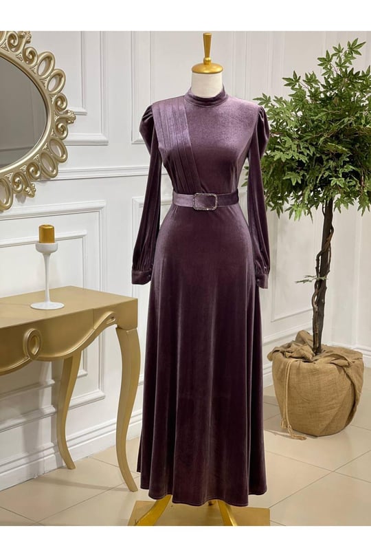 Drape Toka Kemer Kadife Elbise 3691-Leylak