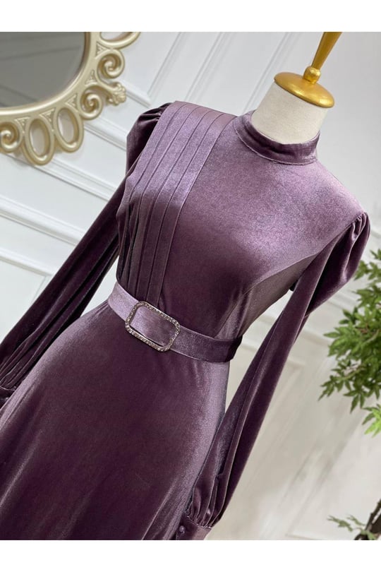 Drape Toka Kemer Kadife Elbise 3691-Leylak