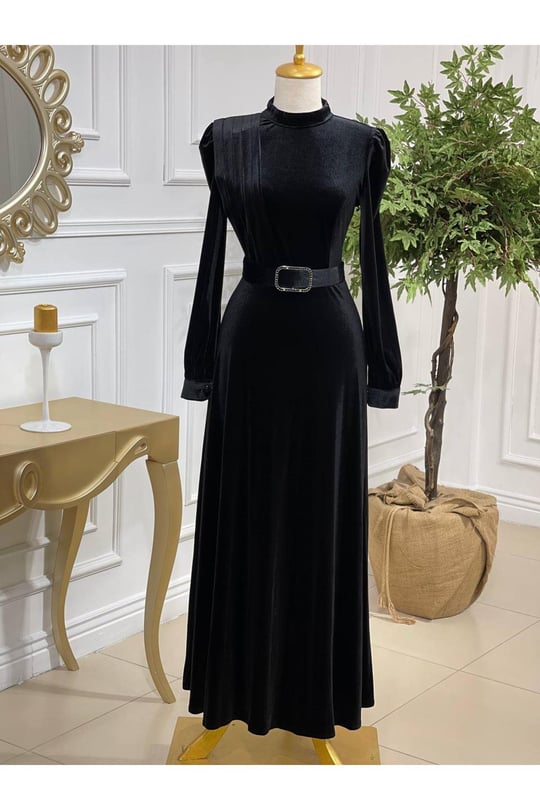 Drape Toka Kemer Kadife Elbise 3691-Siyah