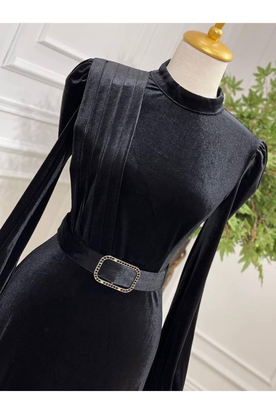 Drape Toka Kemer Kadife Elbise 3691-Siyah