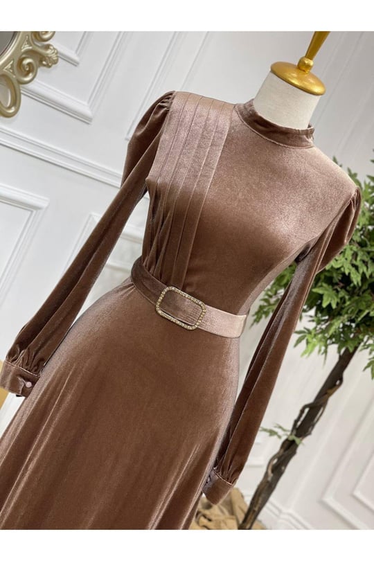 Drape Toka Kemer Kadife Elbise 3691-Vizon