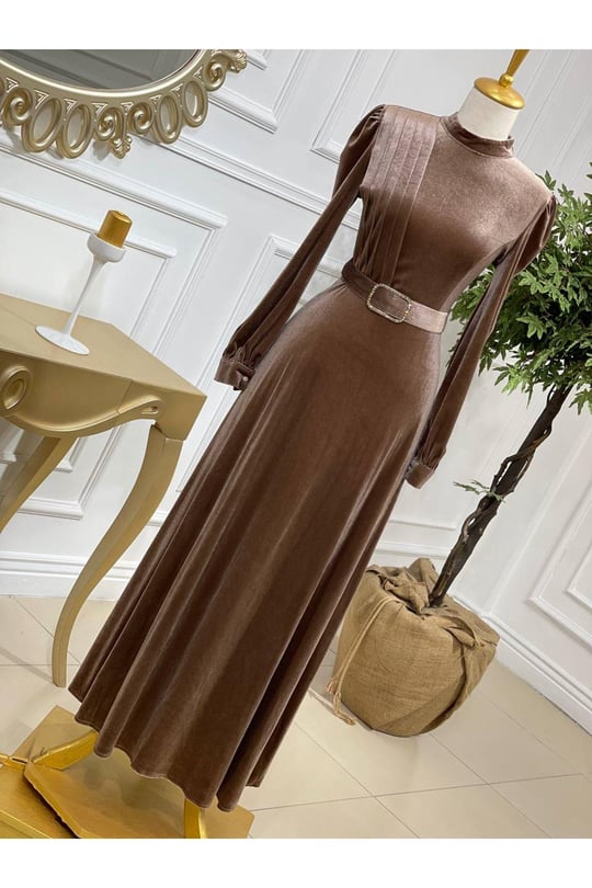 Drape Toka Kemer Kadife Elbise 3691-Vizon