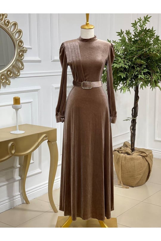 Drape Toka Kemer Kadife Elbise 3691-Vizon