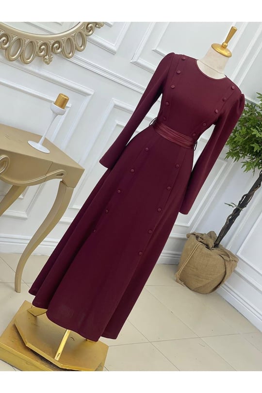 Düğme Şerit Örme Elbise 3155-Bordo