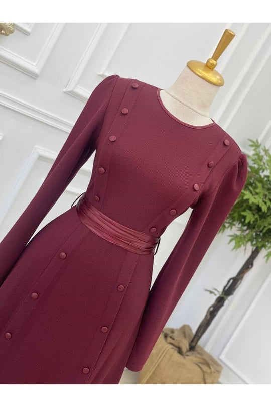 Düğme Şerit Örme Elbise 3155-Bordo