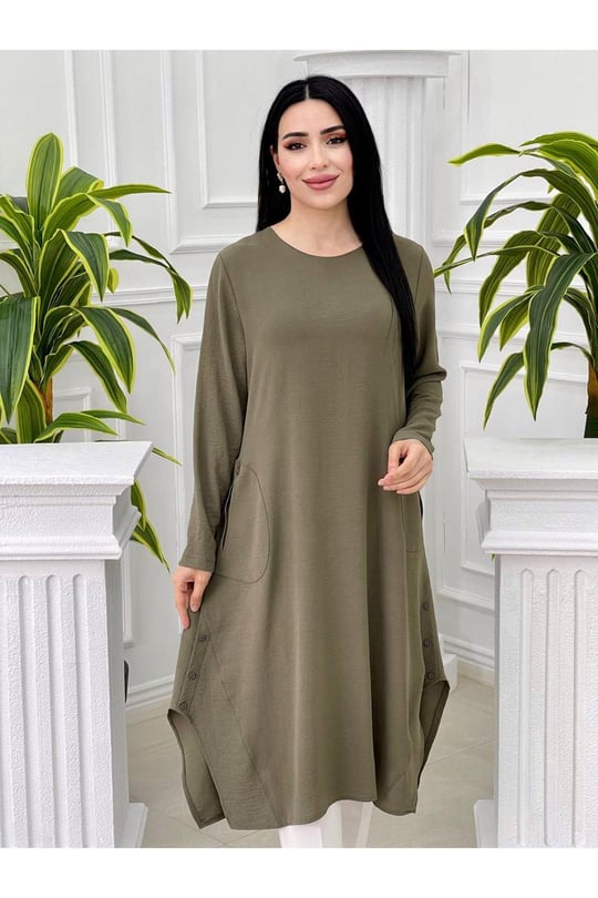 Düğmeli Ayrobin Tunik 7455-Haki