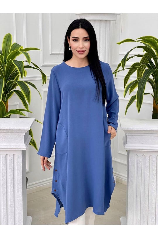Düğmeli Ayrobin Tunik 7455-Mavi