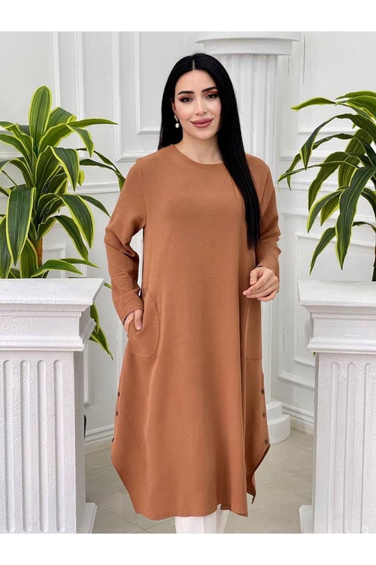 Düğmeli Ayrobin Tunik 7455-Taba