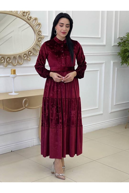 Düğmeli Baskı Kadife Elbise 1247-Bordo