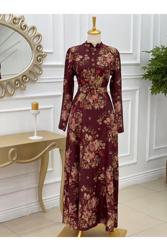Düğmeli Çiçek Desen  Elbise  3230-Bordo