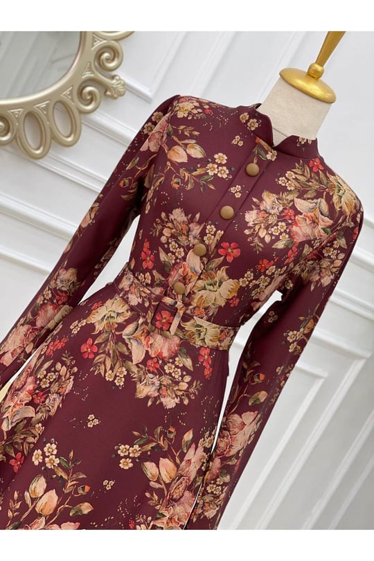 Düğmeli Çiçek Desen  Elbise  3230-Bordo