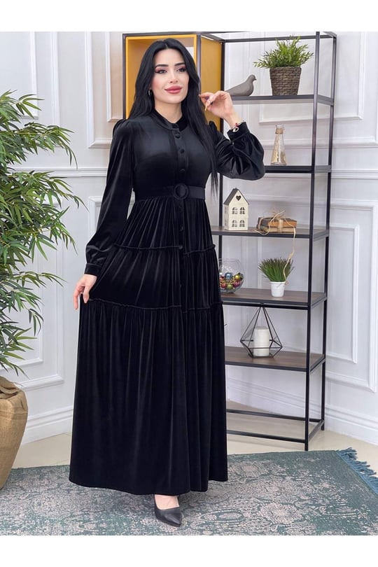 Düğmeli Kat Kat Kadife Elbise 3212-Siyah