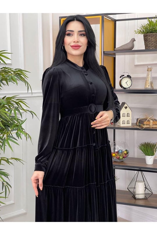 Düğmeli Kat Kat Kadife Elbise 3212-Siyah