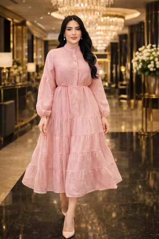 Düğmeli Şile Bezi Elbise 32494 T-26 pembe